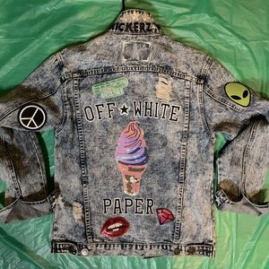 This is a hand stitched costume Jean jacket made by Cloudkickerz brand Jeans